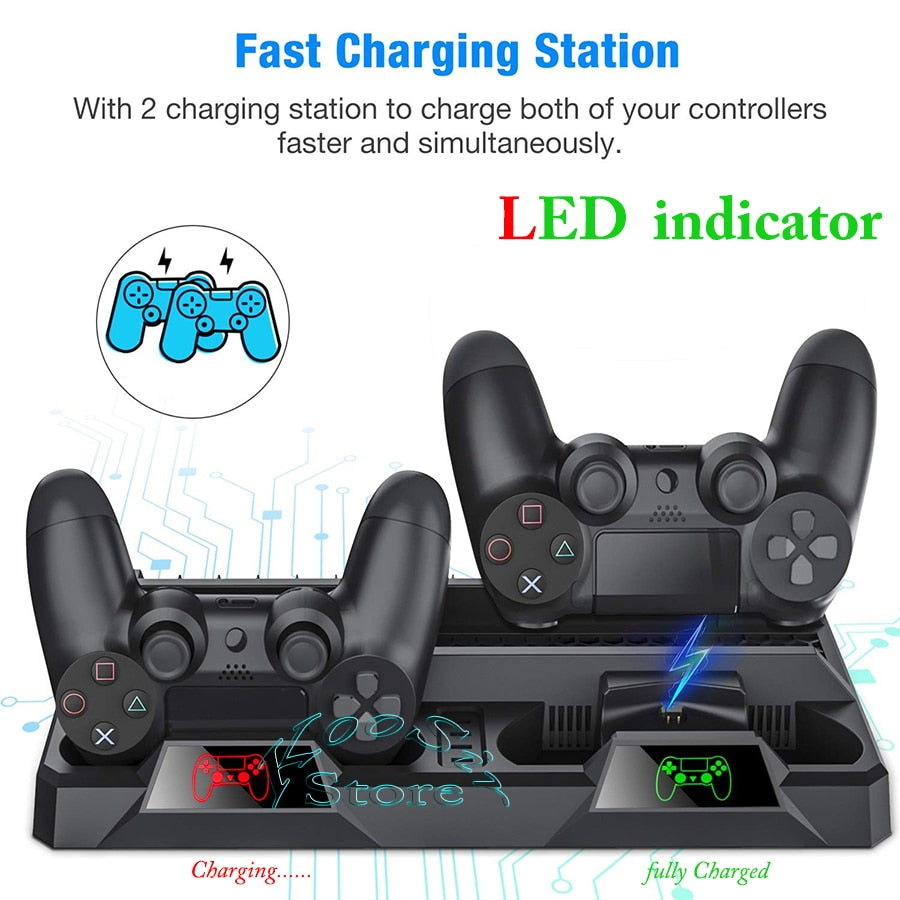 PS4/ PS4 Pro/ PS4 Slim Console Vertical Stand 2 Controller Charging Dock 2 Cooling Fan 16 Games Storage for Sony Playstation 4