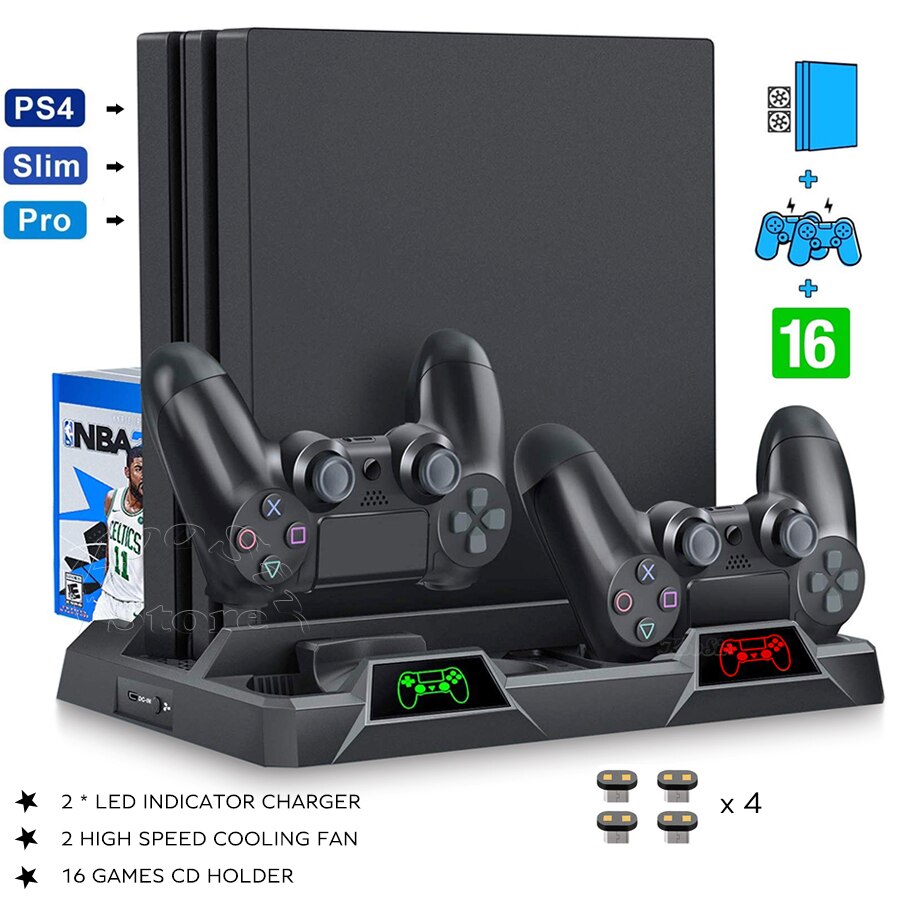 PS4/ PS4 Pro/ PS4 Slim Console Vertical Stand 2 Controller Charging Dock 2 Cooling Fan 16 Games Storage for Sony Playstation 4