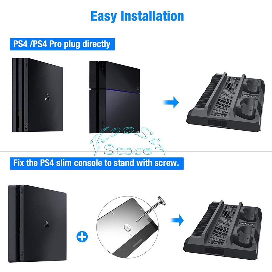 PS4/ PS4 Pro/ PS4 Slim Console Vertical Stand 2 Controller Charging Dock 2 Cooling Fan 16 Games Storage for Sony Playstation 4