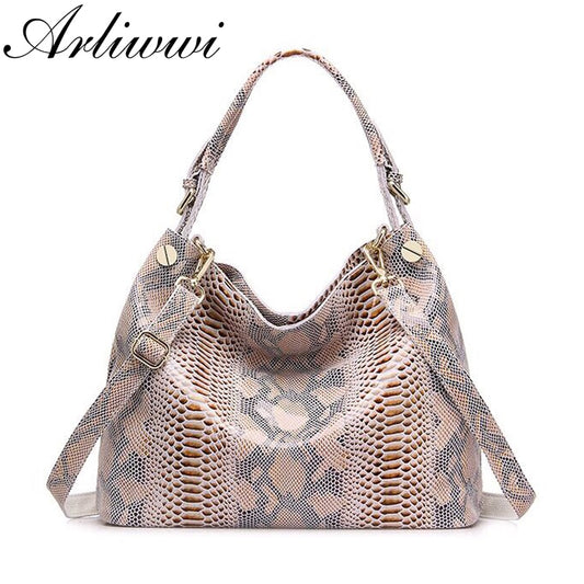 Genuine Leather Bags For Women Large Shiny Serpentine Pattern Coating Suede Cow Leather Shoulder Handbags For Lady