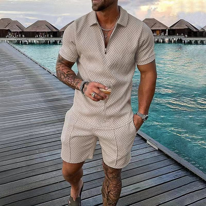 Men's Polo Suit Fashion Men Sets Mens Solid Color Summer V-neck Zipper Short Sleeve POLO Shirt+Shorts Two Pieces Men Casual Suit