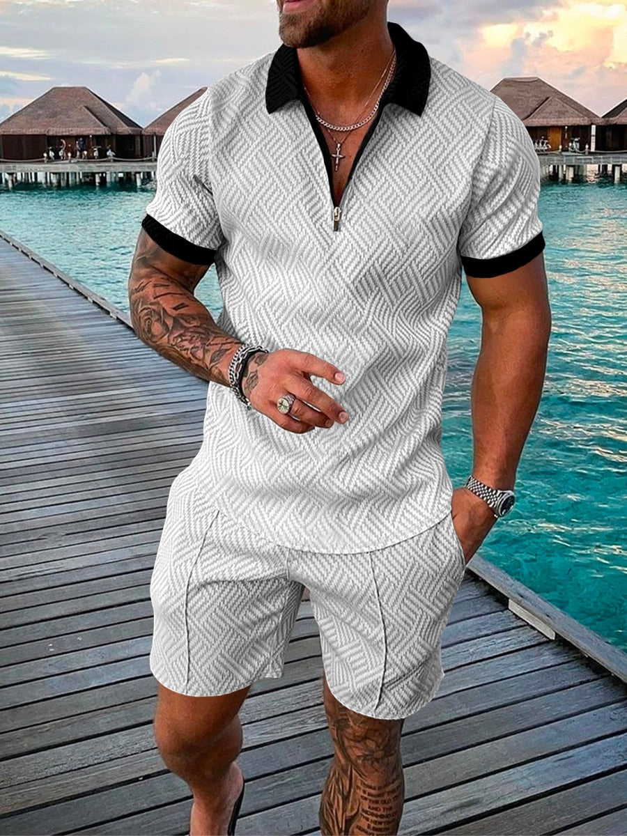 Men's Polo Suit Fashion Men Sets Mens Solid Color Summer V-neck Zipper Short Sleeve POLO Shirt+Shorts Two Pieces Men Casual Suit