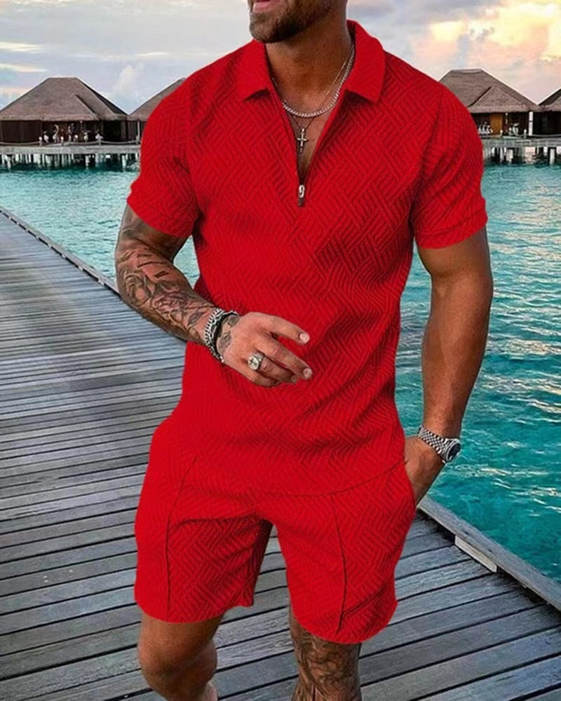 Men's Polo Suit Fashion Men Sets Mens Solid Color Summer V-neck Zipper Short Sleeve POLO Shirt+Shorts Two Pieces Men Casual Suit