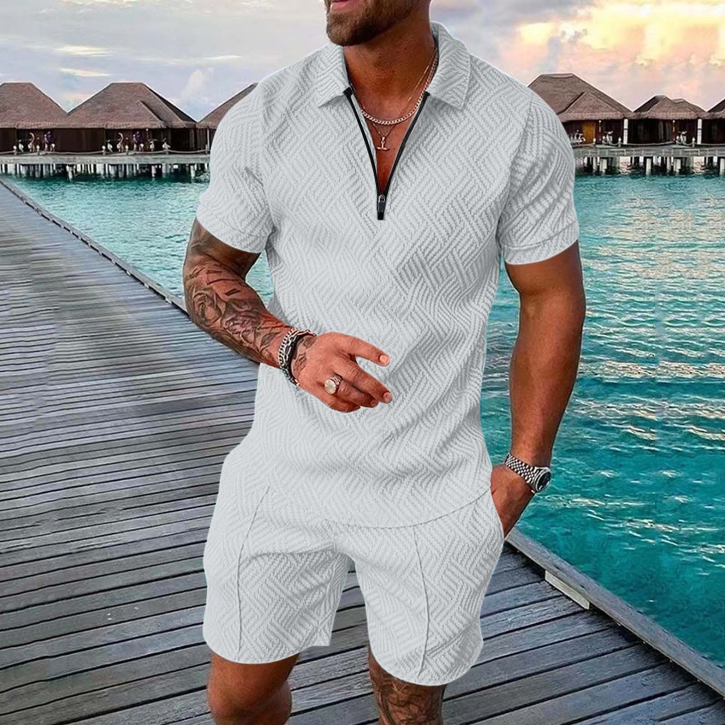 Men's Polo Suit Fashion Men Sets Mens Solid Color Summer V-neck Zipper Short Sleeve POLO Shirt+Shorts Two Pieces Men Casual Suit